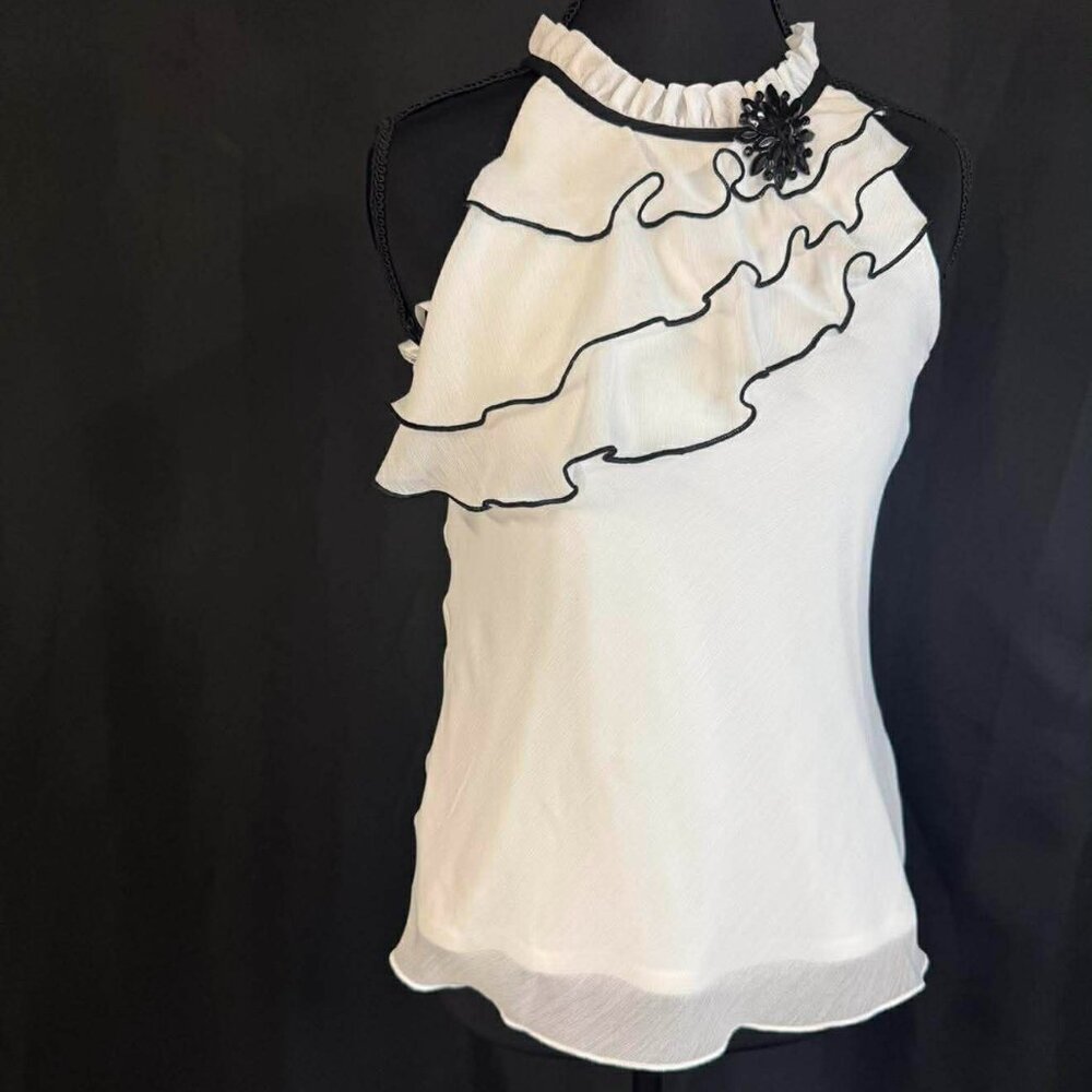 White Ruffle Halter Top with Black Trim